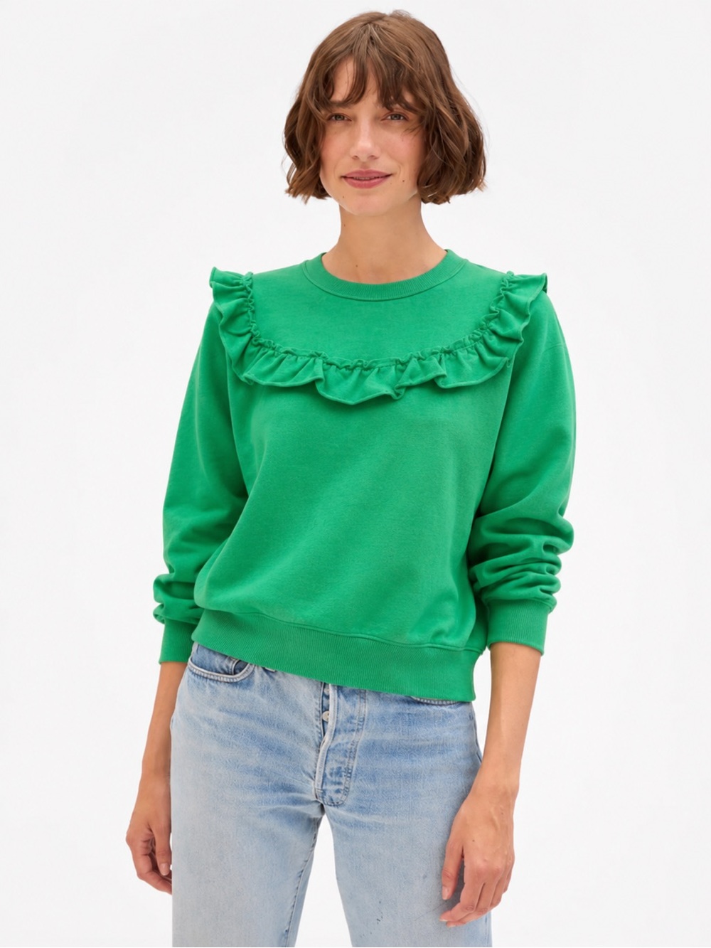 Clare V Ruffle Yoke Cotton Sweatshirt In Green size S